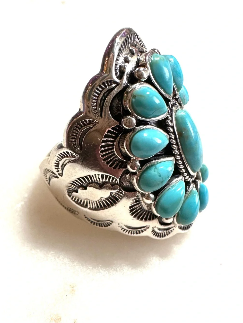 Turquoise Thai Hand-Embossed and Stamped Sterling Silver Cluster Statement Ring